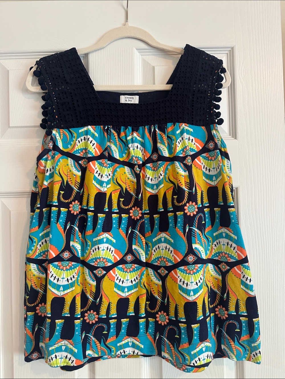 crown & ivy Black Crochet Yoke Multicolor Patterned Tank